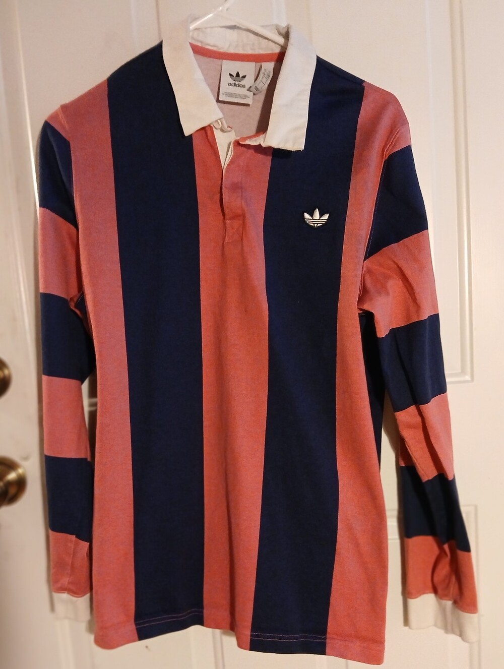 Adidas Navy and PINK VERTICAL Stripe Rugby Shirt mens Large